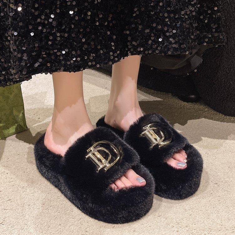 Thick-soled Letter Fluffy Cotton Slippers for Women To Wear Outside Autumn and Winter New Fashion Home Slippers for Women