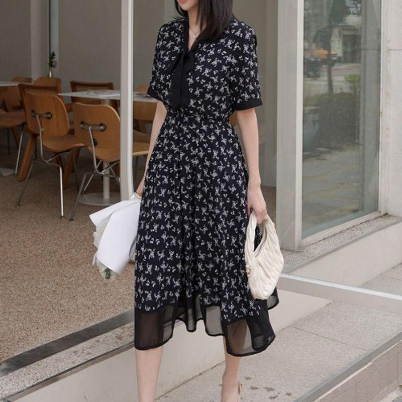 

K-style Plus Size Women s Clothing Fashion Printed Black Chiffon Patchwork Shoelace Elastic Waist Mid Length Long Length Short Sleeve Dress Black 4XL
