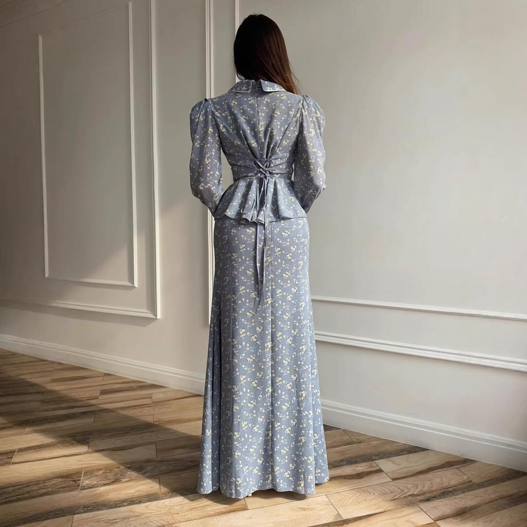 Cross-border European and American women's clothing, light blue floral lapel tie-up waist dress, retro ruffle edge dress