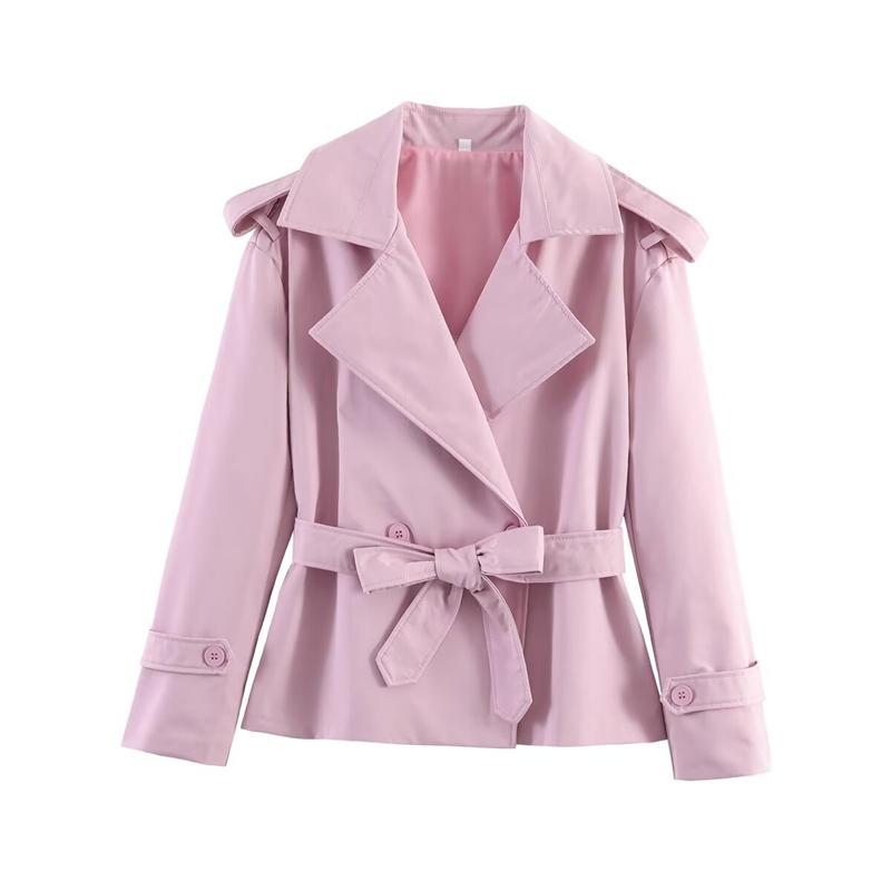 Women's Western-style Solid Color Belted Short Jacket Trench Coat Outerwear