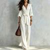 Damen V-Ausschnitt Wickel Taille Binden Weiter Bein Jumpsuit Einfarbige Freizeit Lockerer Schnitt