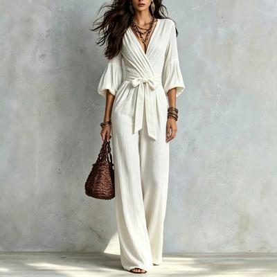 Women V Neck Wrap Tie Waist Wide Leg Jumpsuit Solid Color Casual Loose Fit