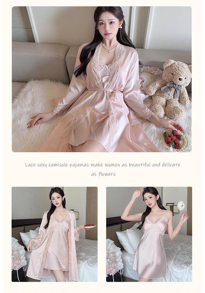 Women's Summer Lace Trim Ice Silk Pajama Set with Built-in Bra