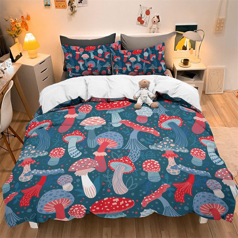 Watercolor Mushroom Duvet Cover Set Wild Forest Various Mushroom Bedding Set Fantastic Landscape Comforter Cover For Kids Adults