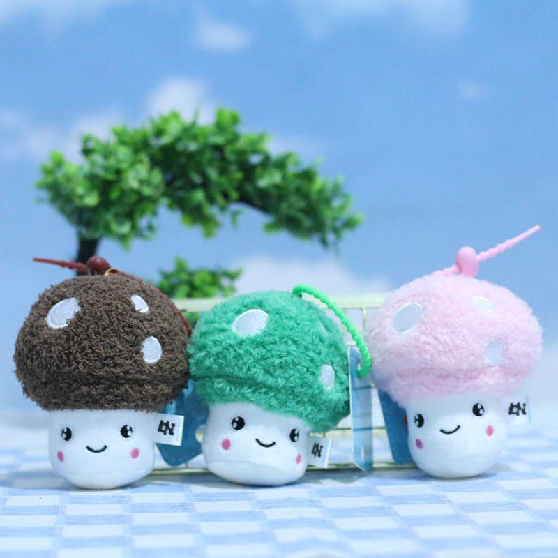 Delightful Miniature Mushroom Plush Toy Keychain In Pink Green And Dark Colors Brown