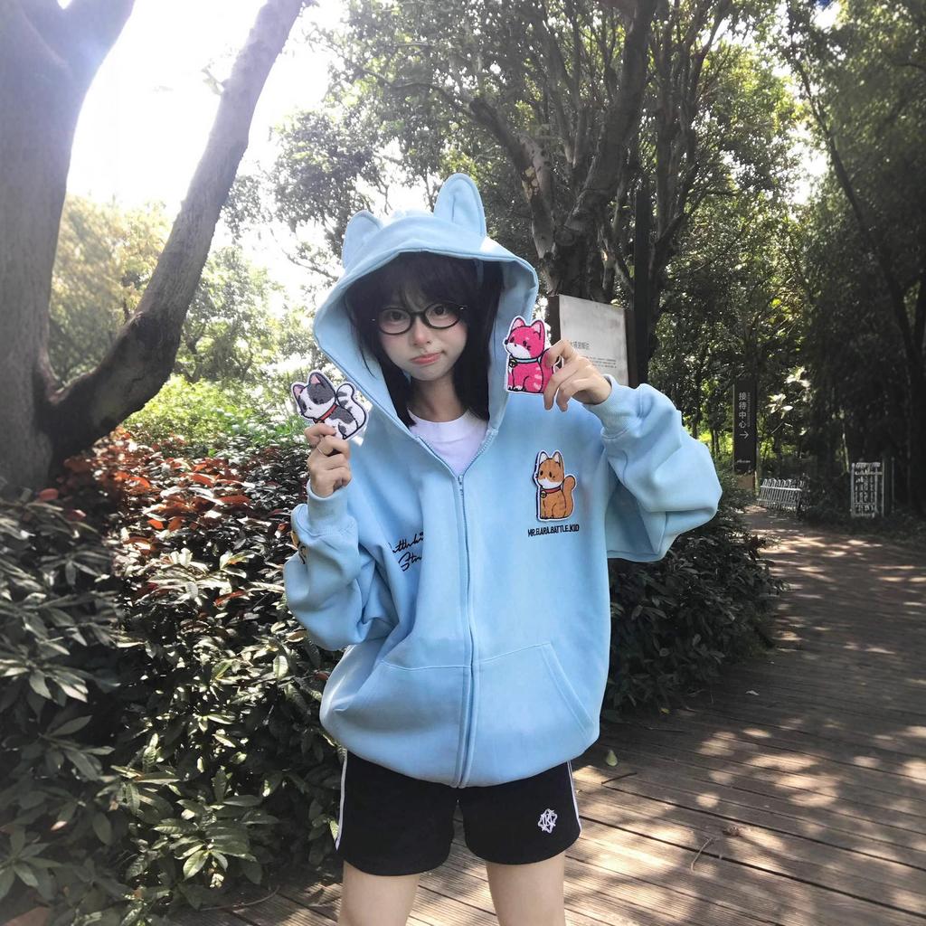American embroidered kitten Velcro hooded sweater women's 2025 new loose lazy coat