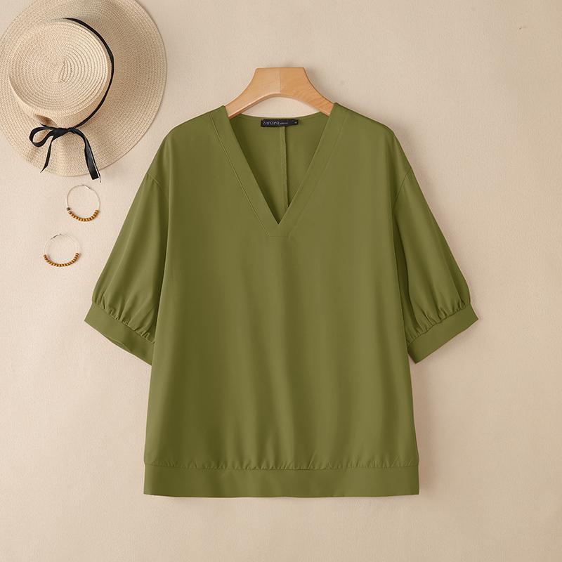 

ZANZEA Женская повседневная блузка с V-образным вырезом, свободного кроя, однотонная, с рукавом до локтя 4XL