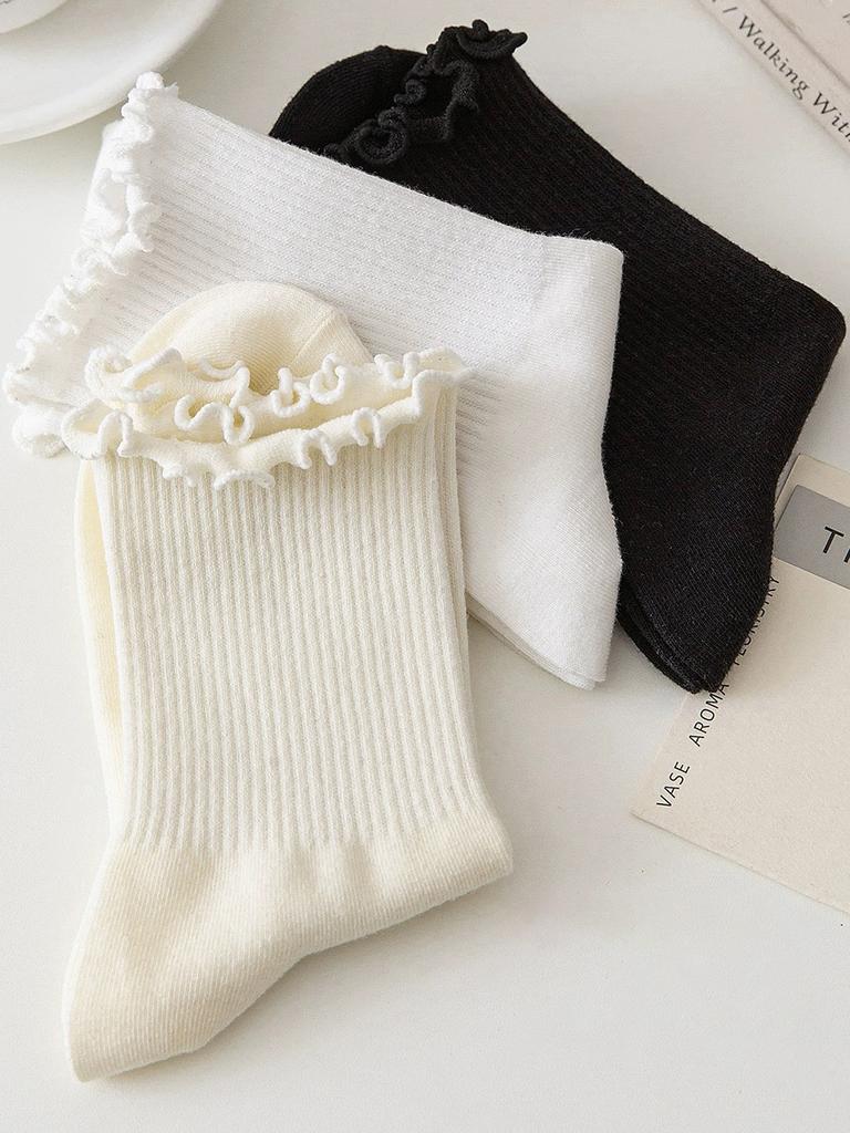 Harajuku Ruffle Socks Women Girls Sweet Cotton Middle Tube Black White Socks Jk Lolita Soft Breathable Ankle Loose Short Sock