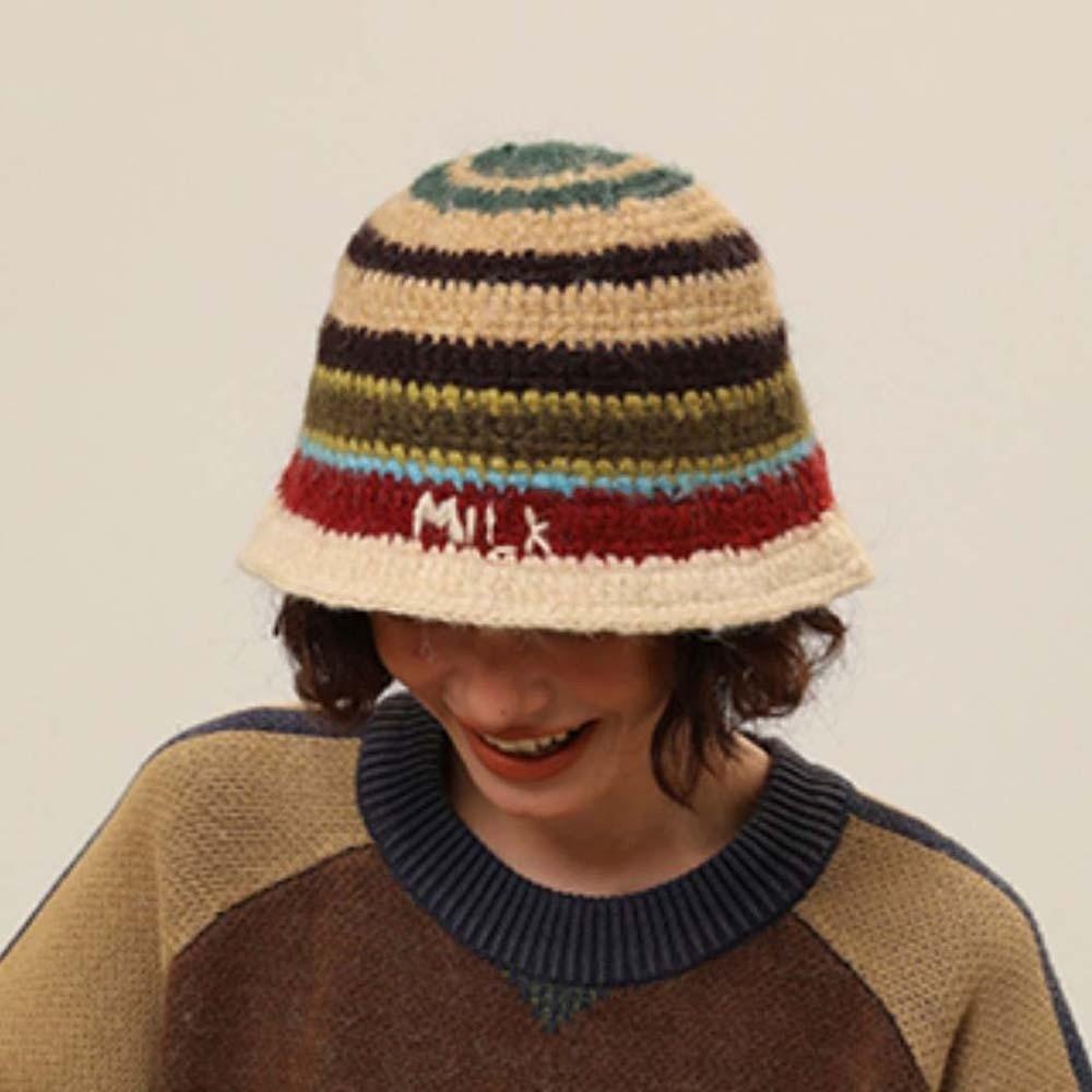 Warm Knitted Bucket Hat Anti-cold Woven Basin Cap Elegant Striped Fisherman Hat  Travel