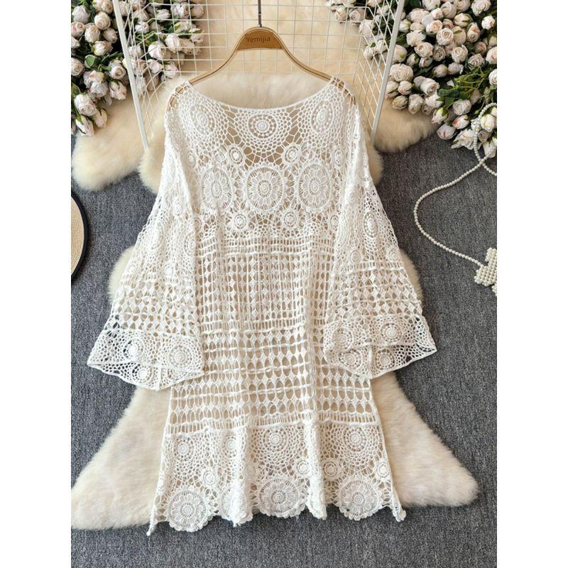 Stylish Cut Out Crocheted Knitting Blouse Dress Women's Summer Plus Size Plus Size Ladies Outdoor Seaside Holiday Midi Dress