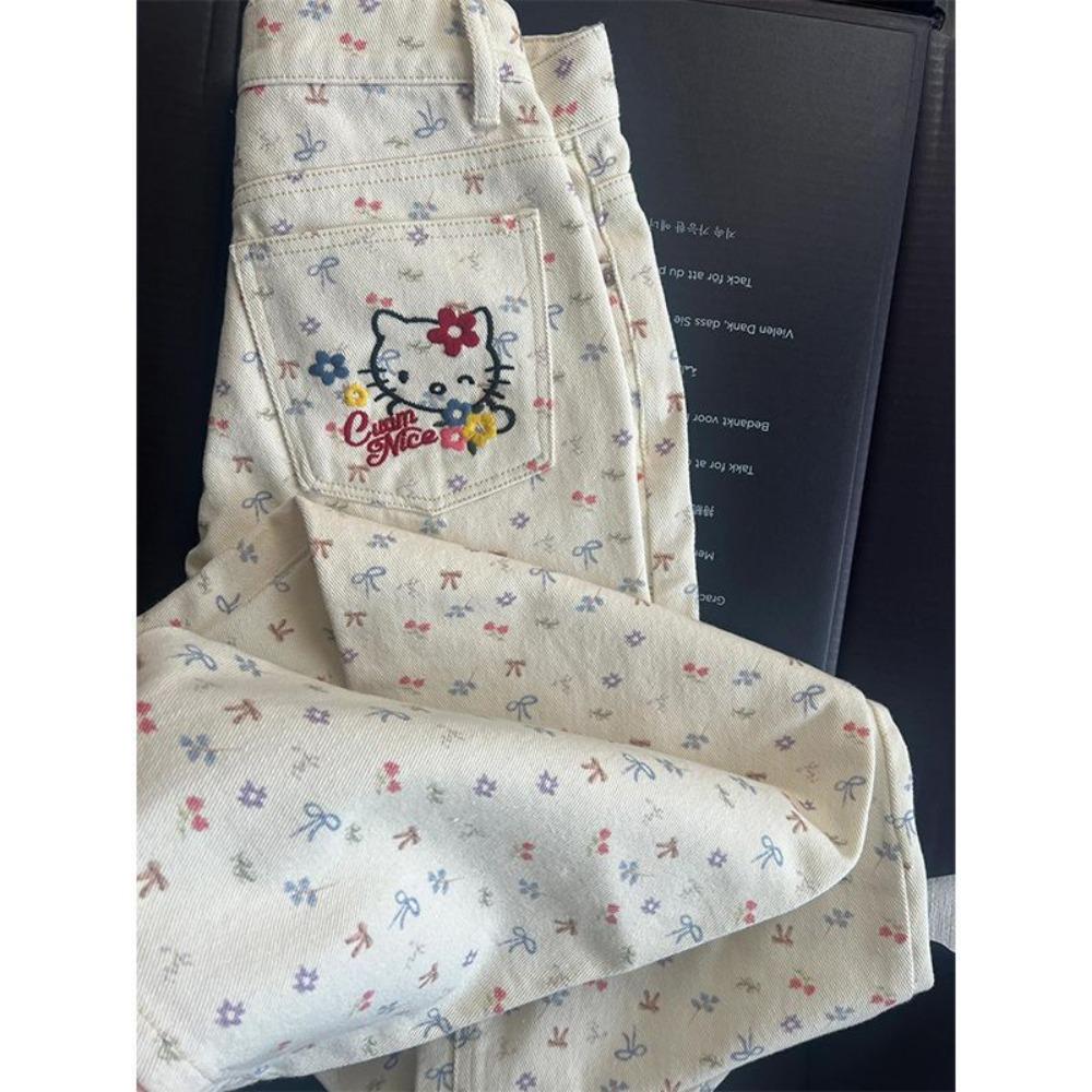 Women s High Waist Straight Jeans Loose Fit Sweet Floral Print Hello Kitty Embroidered Denim Trousers S