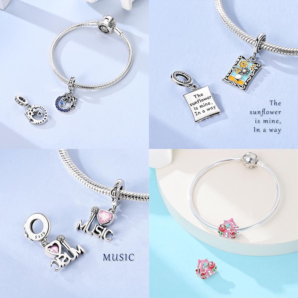Pink Music Microphone Rose Flower Lucky Apple White Headphones Copper Bead Fit Women Bracelet Diy Valentine'S Gift Jewelry