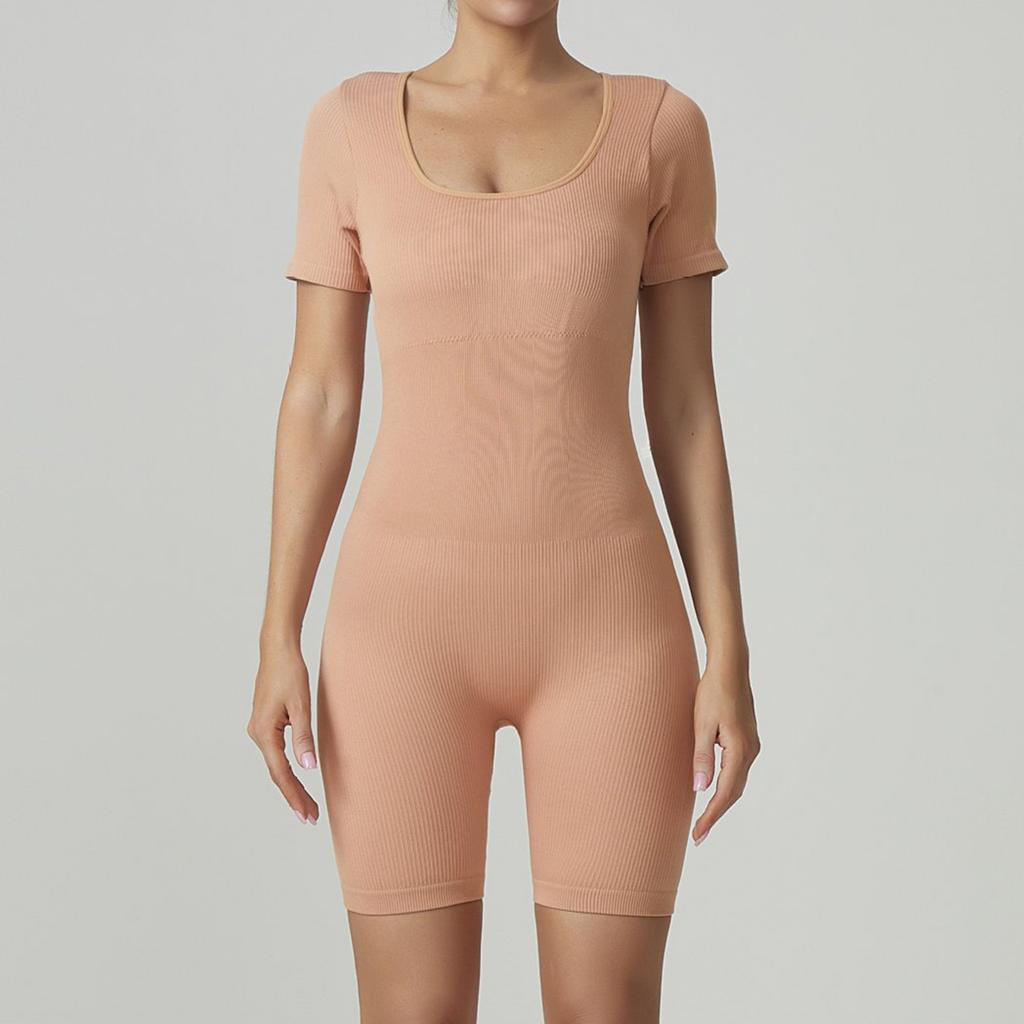 Women's Fashionable U Neck Short Sleeved Tight Fitting Yoga Fitness Jumpsuit
