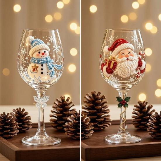 Elegante Vetro con Disegno di Fiocchi di Neve Calice da Vino di Natale, Babbo Natale Pupazzo di Neve Renna Calza Albero Ghirlanda Lusso Calice per Vino Festivo, Cocktail,
