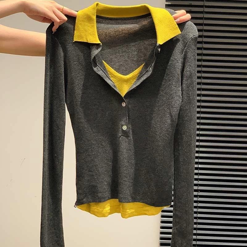 

Autumn new splicing fake two-piece fashion high-end temperament lapel knitted sweater One size