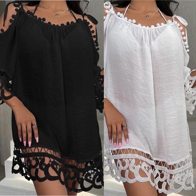 2026 Off-Shoulder Lace Tie-Up Loose Beach Cover-Up Swimsuit Sun Protector