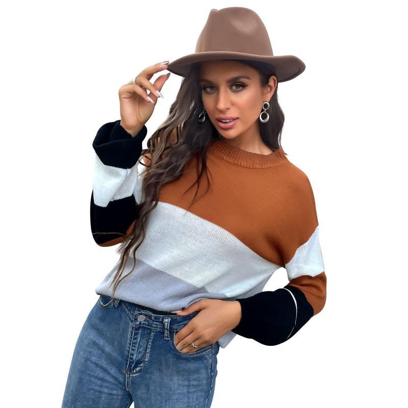 Vintage Fashion Elegant Casual Women's Round Neck Long-sleeved Colorblocking Sweater Women Autumn and Winter