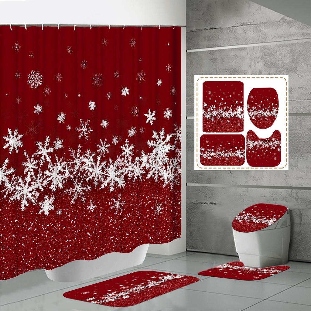 4PCS  Shower Curtain Sets With Shower Curtain And Rugs Toilet Lid Rug U Shape Mat And Bath Mat Bathroom Set  With 12 Hooks