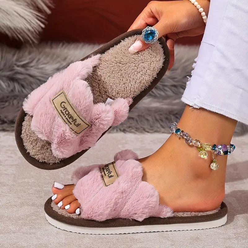 Fashion 2025 New Cross Fur Slippers Female Winter Outdoor Sexy Slippers Women Sweet Soft Plush Flat Shoes House Fluffy Band Slides Women