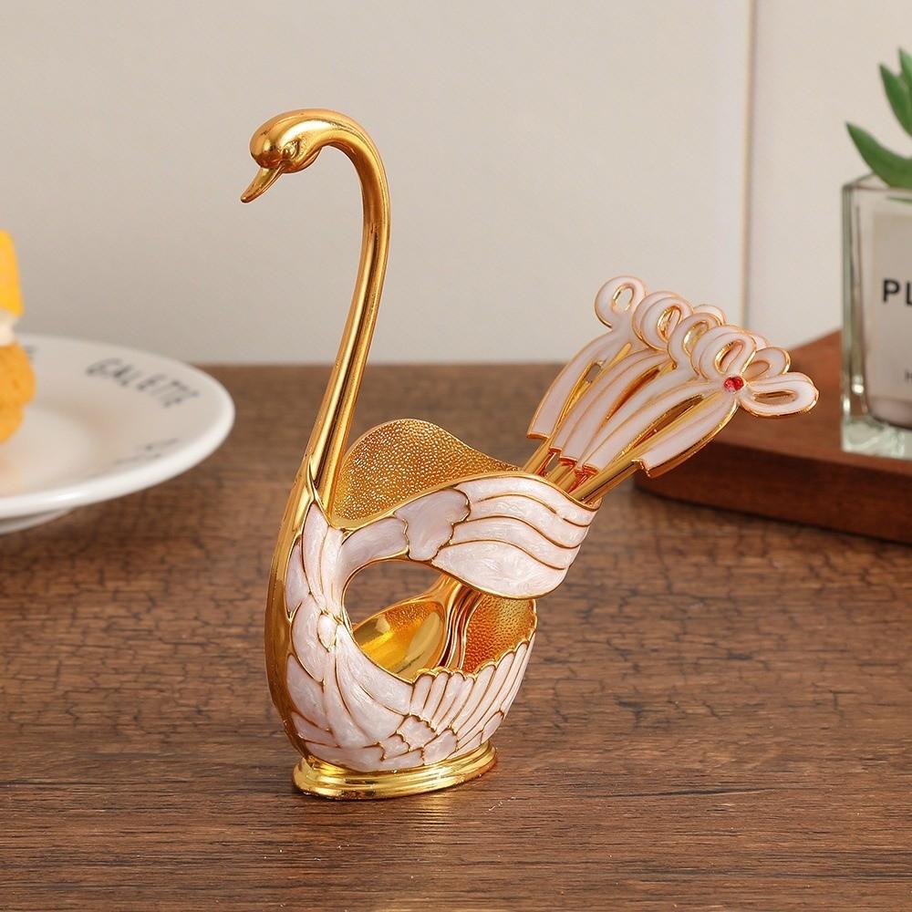 6 Pieces Coffee Spoon Set Swan Base Holder Stainless Steel Spoons Dessert Spoon Set Fruit Dessert