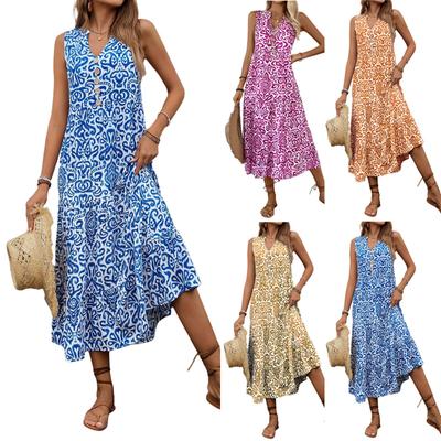 Women's  Fashionable V Neck Sleeveless Ethnic  Printed Dress
