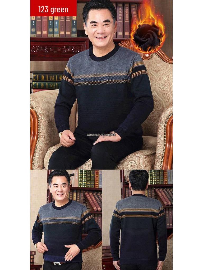 Men's Thick Fleece-Lined Sweater - Grandpa Style, Round Neck, Perfect for Winter Warmth