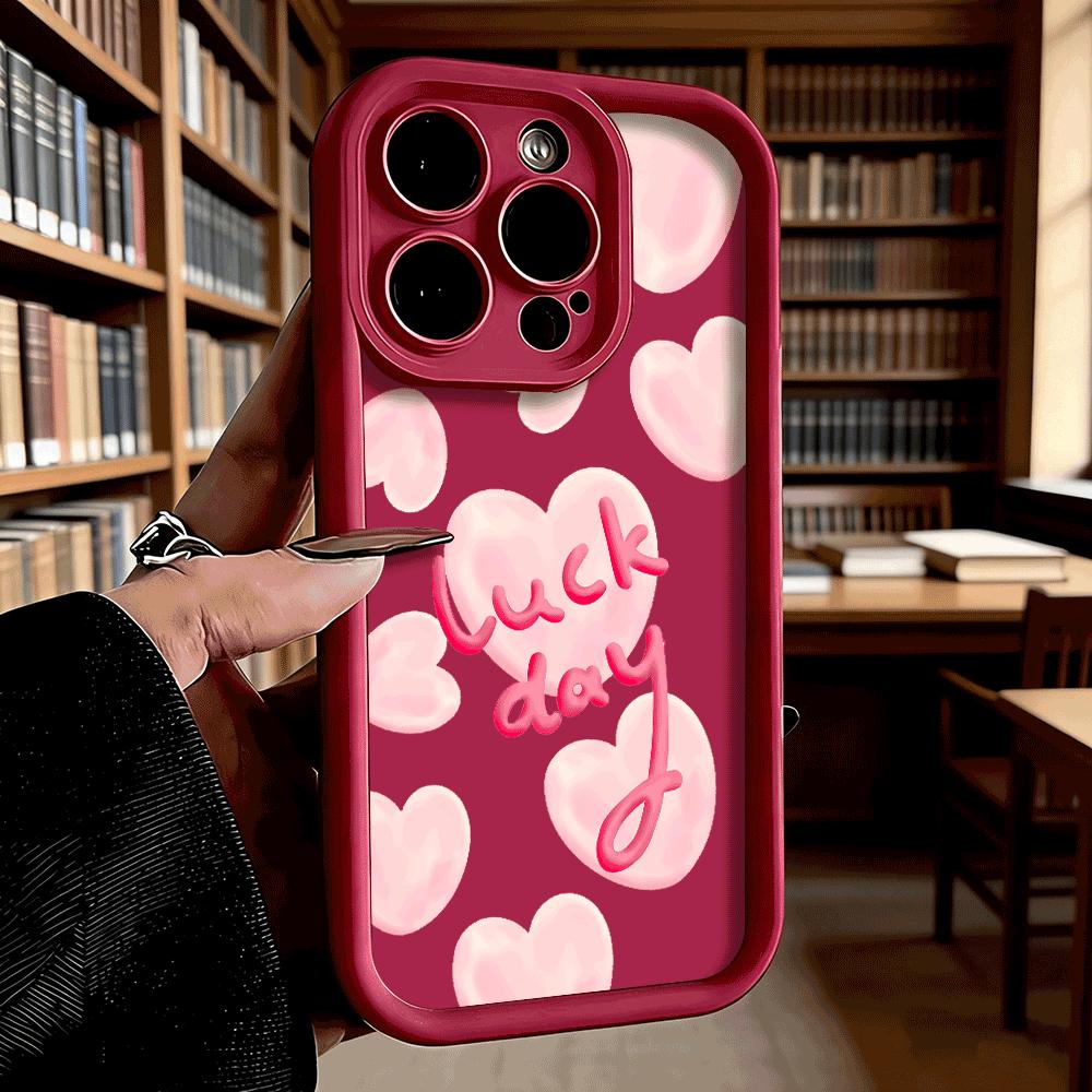 Pink Hearts with 'Luck day' Text Phone Case for iPhone 17 16 15 14 13 12 11 Pro Max Plus Anti Scratch, Gel Flexible Protective