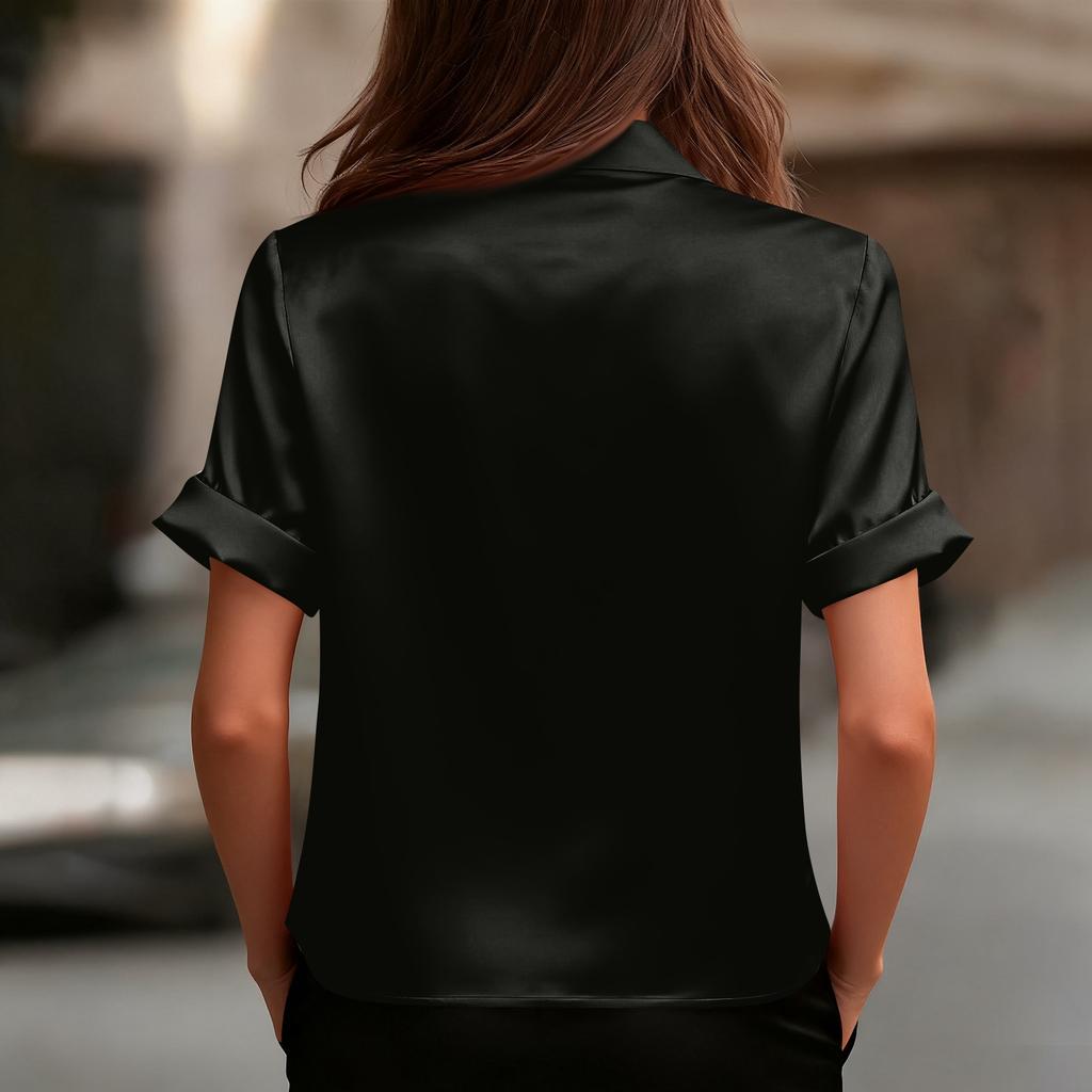 Damenmode Farbe Revers Knopf Kurzarm Temperament Pullover Shirt T-Shirt Top