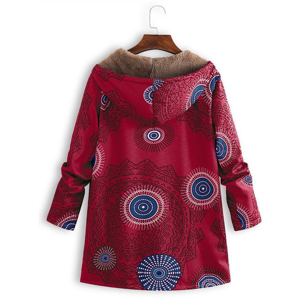 Womens Winter Warm Outwear Print Hooded Pockets Vintage Oversize Coats