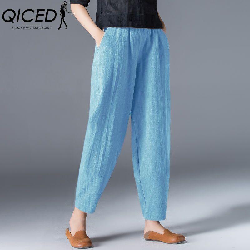 QICED 9 barev Objednejte o dvě čísla větší, Dámské letní ležérní volné bavlněné lněné harémové kalhoty s elastickým pasem, Slim kalhoty, Devítidélkové kalhoty