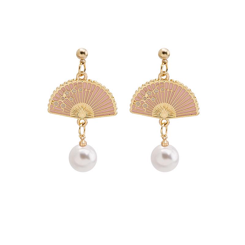 Vintage Japanese & Korean Tassel Pearl Clip-on Earrings with Floral Fan Design