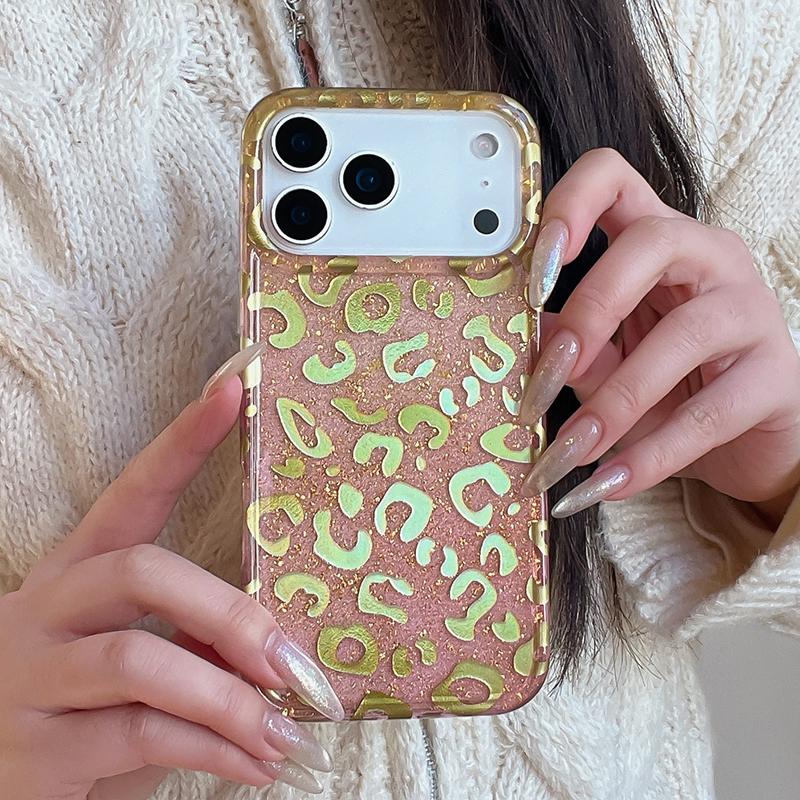 Custodia per Telefono con Glitter Rosa Doratura Stampa Leopardo per iPhone 17 Pro Max 13 14 15 16 promax Lucida Copertura Posteriore IMD