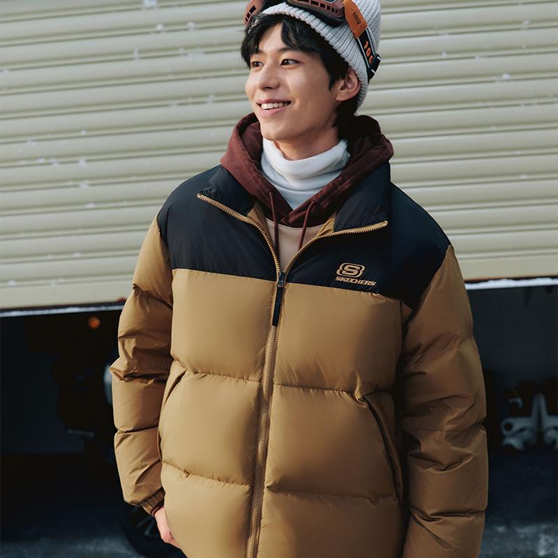 Skechers Fashion Color Block Logo Short Woven Down Jacket Unisex Jackets Light-Brown L423U106-01N2