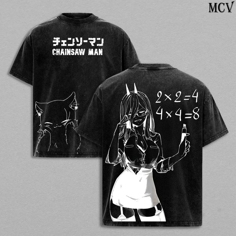 Washed Chainsaw Man Reze Anime T-Shirt For Men Clothing Hot Manga Print Vintage Oversized T-shirt Harajuku Y2k Cotton Streetwear Female Male Clothing