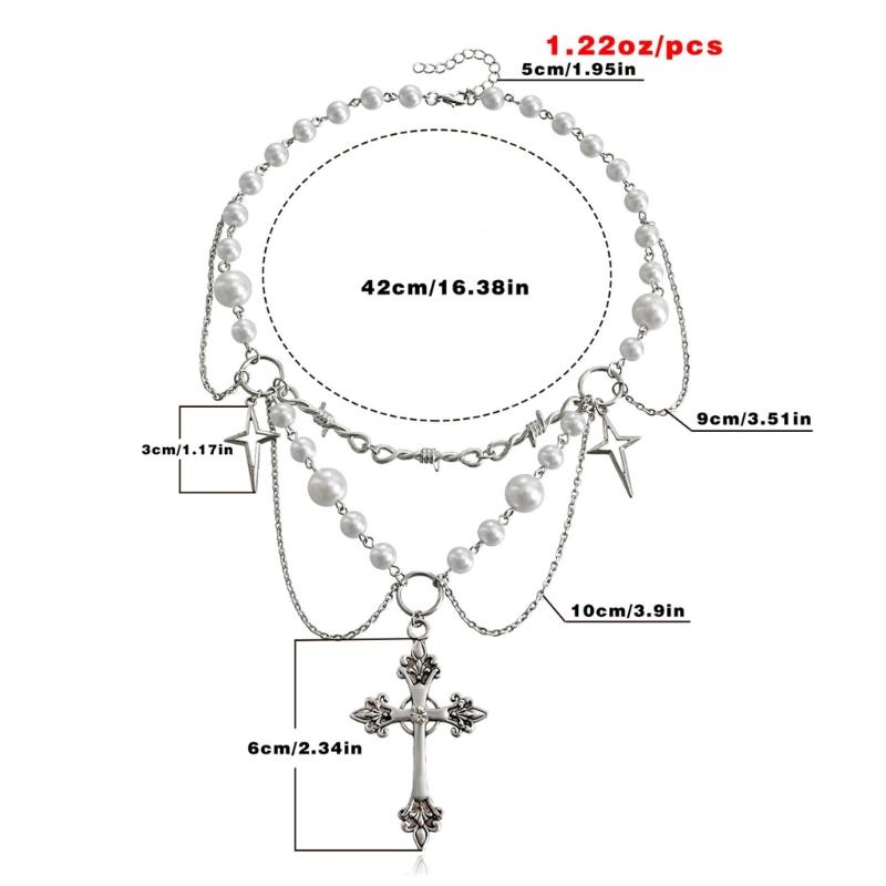 Victorian Gothic Cross Rosary Necklace With Chain Charm Handmade Sacred Pearl Beaded Necklace Layered Necklace