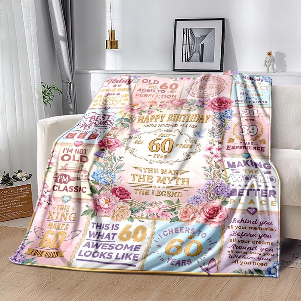 Happy 60th Birthday Celebration Flannel Blanket-Soft and Suitable for Sofas,Beds,Offices,Travel,All Seasons,Great Gift for Holidays and Birthdays.