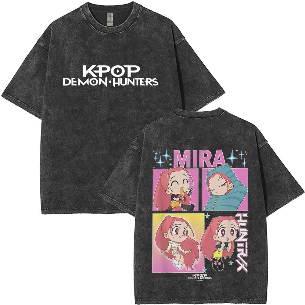 Women Washed Vintage Movie Kpop Demon Hunters Rumi Mira Zoey T-shirt Women Clothing Oversized Short Sleeve T Shirt