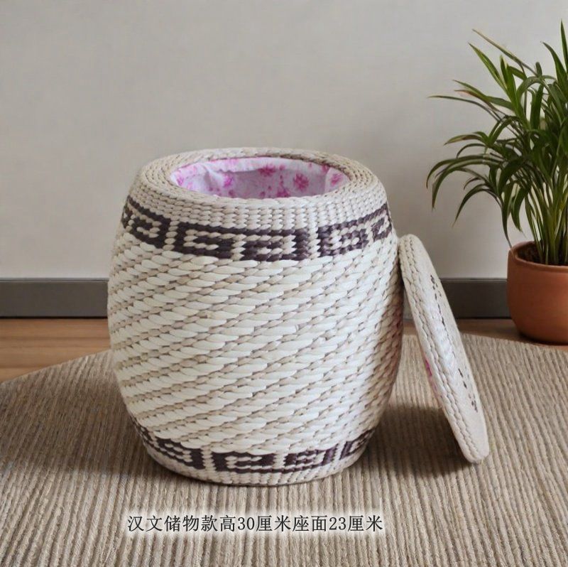 Round Rattan Ottoman Seat Cushion Handmade, Tatami Footstool, Tea Table Stool for Living Room, Low Height Chair