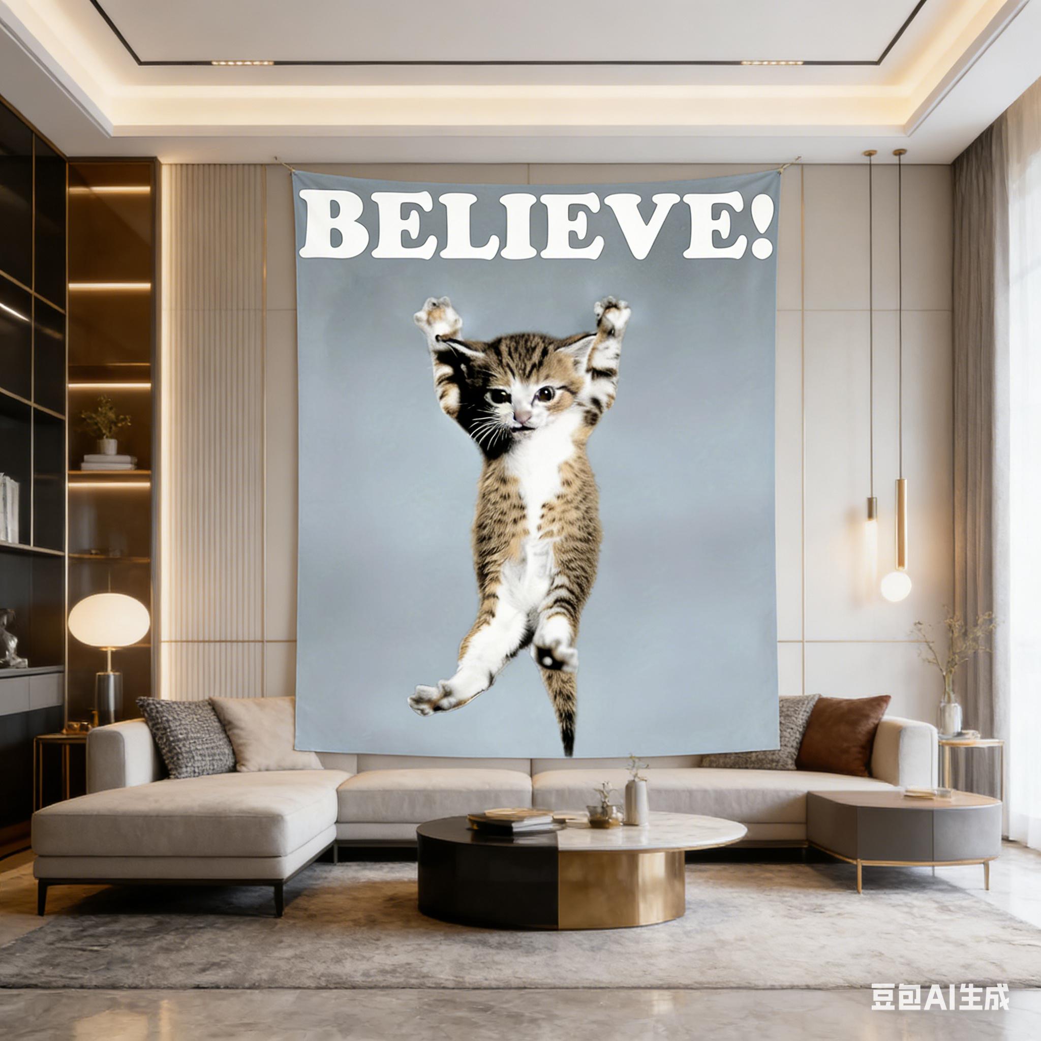 Jmg Household Supplies Unisex 1Pc Funny Inspirational Kitten Believe! Tapestry, 2D Print Polyester Decor, Cute Cat Wall Hanging For Bedroom Living Room, Ide