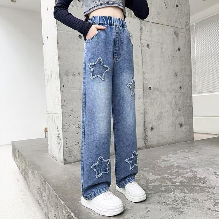 2-12 Anni Primavera Autunno Bambine Jeans Decorazione Stella Pentagramma Pantaloni Lunghi in Denim per Bambini Abbigliamento da Esterno per Bambini Pantaloni Dritti