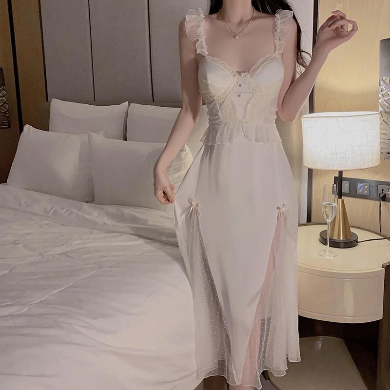 

Пижама для женщин, милые рукава-крылышки, летнее платье до середины икры с сетчатой подкладкой, V-образный вырез, сексуальная пижама для женщин L