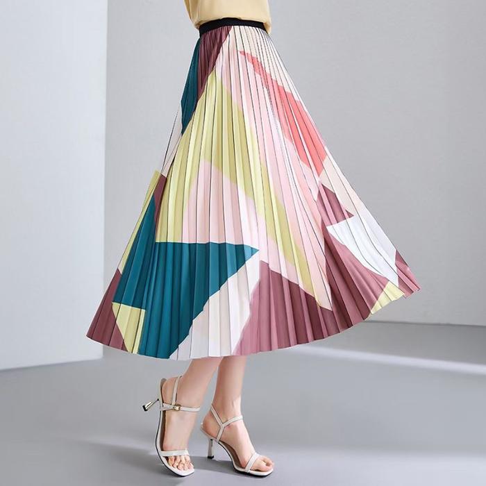 Women Spring Fall High Waist Wardrobe Color Block Printed All Match Pleated Skirt