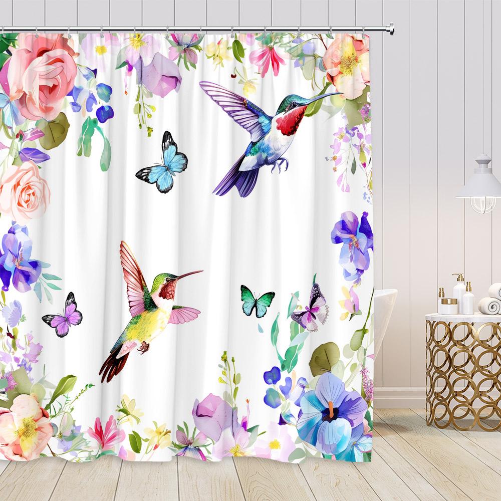 Hummingbird Floral Shower Curtains Birds Blooming Flowers Colorful Blossom Greenery Plants Modern Spring Bathroom Curtain Decor