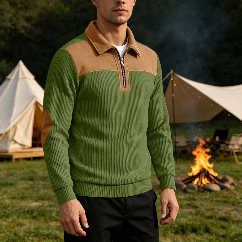 Men's Casual Loose Fit Knit Sweater Half Zip Pullover Long Sleeve Embroidered Sweatshirt with Collar Patchwork Design for Fall Winter