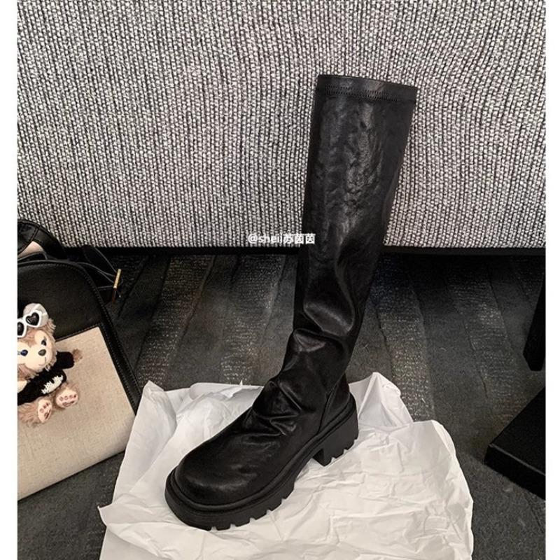 Cowhide Xu Jiaqi thick-soled thick-heeled pleated thin boots high elastic stacking boots women's long boots