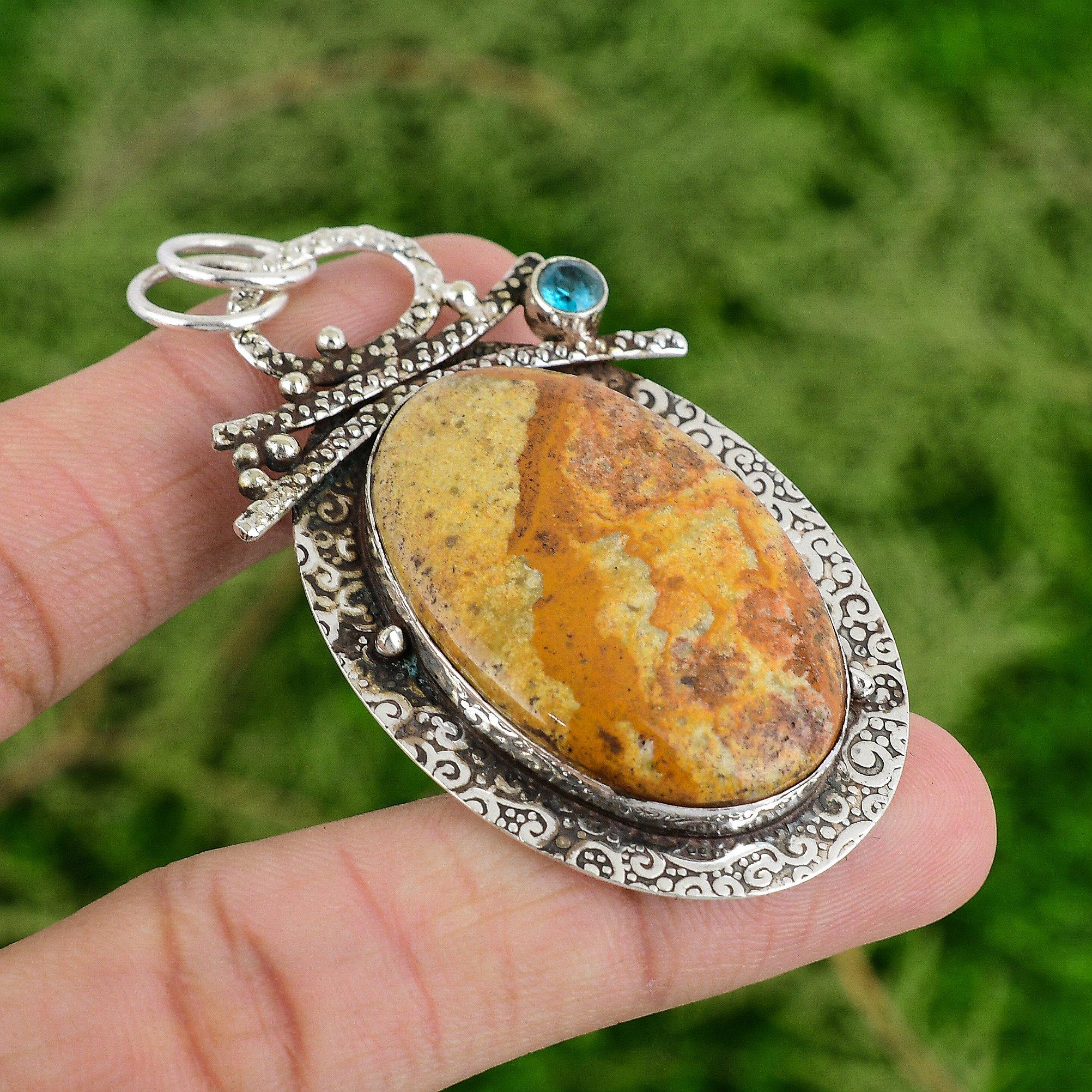 

925 Silver Picture Jasper Gemstone Swiss Blue Topaz Bezel Unique Mother Pendant