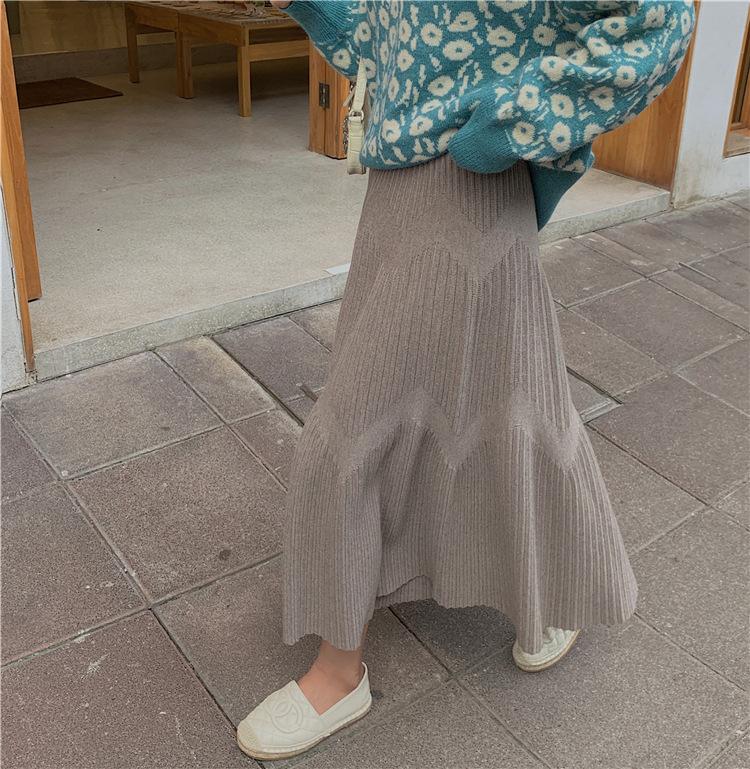 Korean Knitted High Waist Long Skirt for Women Thick Streetwear A-line Skirts Elegant Casual Skirt Autumn Winter