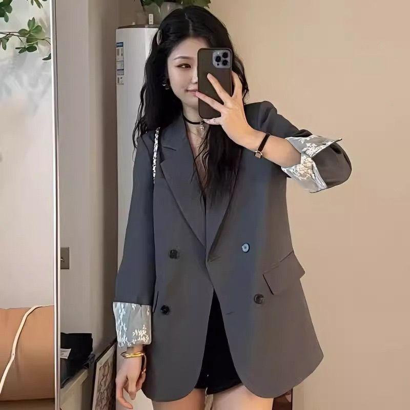 

Loose Blazer with Lace Trim Double Breasted Casual Suit Jacket for Women XL сірий колір