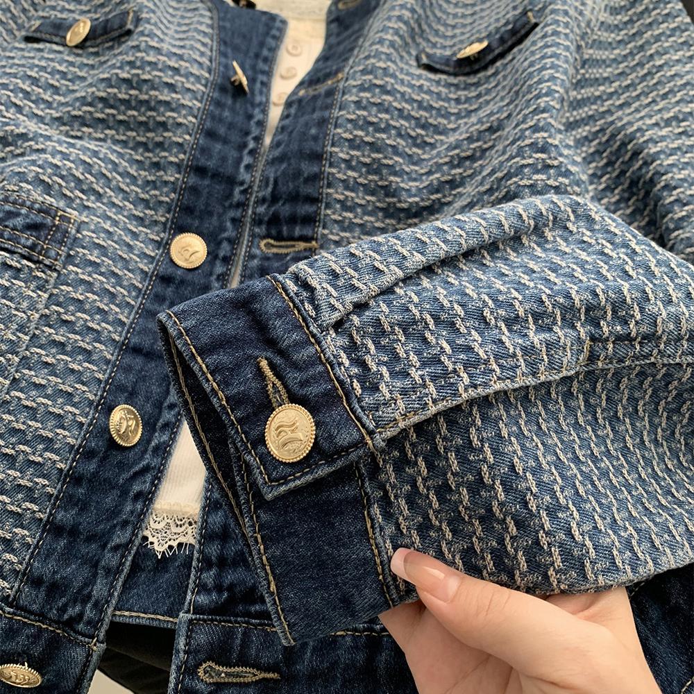 Jachete din Denim cu Gât Rotund și Nasturi Unul Peste Altul pentru Femei Primăvară Albastru Alb Tweed Denim Paltoane Design cu Nasturi Îmbrăcăminte Exterioară Casual