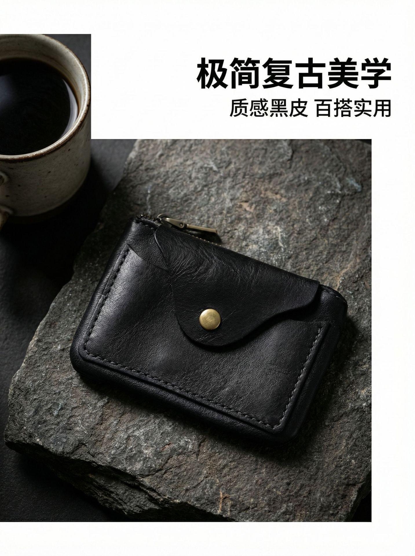 

Ultra-Slim Compact Genuine Leather Coin Purse, Minimalist Vintage Card Holder with Snap & Zipper,Lightweight Front Pocket Wallet чёрный
